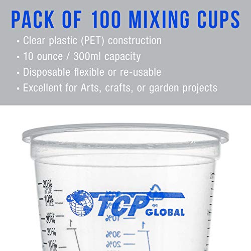 TCP Global 10 oz. (300ml) Graduated Plastic Mixing Cups - Box of 100 with 50 Mixing Sticks - Disposable Plastic Measuring Cups for Liquids, Paints, Resin, Epoxy, Art, Kitchen - Ratios 2-1, 3-1, 4-1 ML