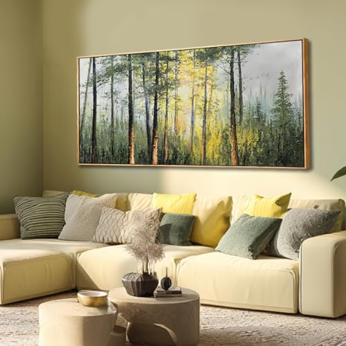 Green Sunlight forest Scenery Canvas Wall Art,Framed Misty forest Wall Decor,Nature Wall Painting Foggy Tree Landscape Artwork,29"x58" Pictures for Living Room Bedroom Office - color: Green, size: 58"L x 29"W