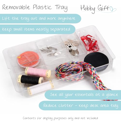 Hobby Gift Medium Sewing Box Organiser, Fabric Covered Storage Box with Handle, Internal Tray, Pin Cushion and Pocket for Sewing, Quilting and Knitting Supplies - color: Haby Notions