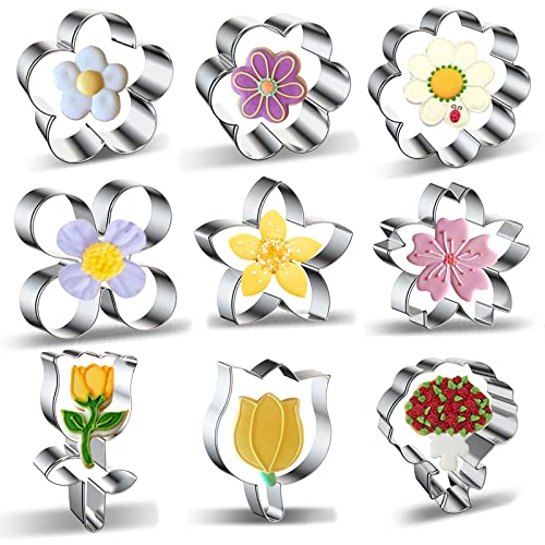 Flower Cookie Cutter Set 9-Piece Rose, Tulip, Lilac, Cherry Blossom, Plum Blossom, Frangipani, Daisy, Sunflower, Bouquet, Scalloped Edge Summer Flowers Cookie Cutters Shapes Biscuit Fondant Molds