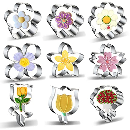 Flower Cookie Cutter Set 9-Piece Rose, Tulip, Lilac, Cherry Blossom, Plum Blossom, Frangipani, Daisy, Sunflower, Bouquet, Scalloped Edge Summer Flowers Cookie Cutters Shapes Biscuit Fondant Molds