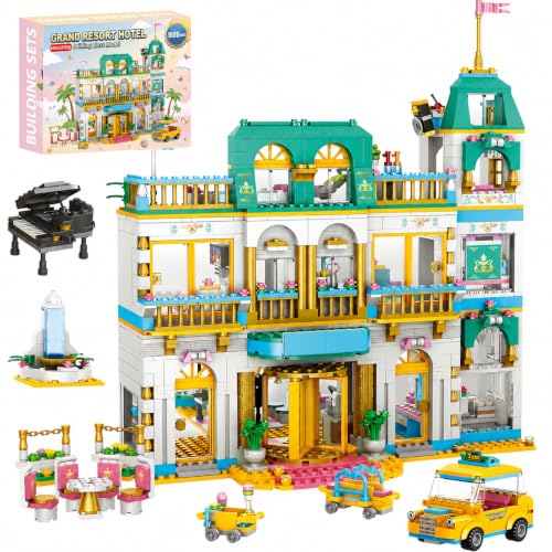 Friends City Grand Resort Hotel Building Blocks, Luxury Vacation Hotel with Taxi, Piano & Full Furnished Interior, Modular Architecture Kit, Birthday Gifts for Girls 14+ (1680 Pcs) - color: Tiffany Blue