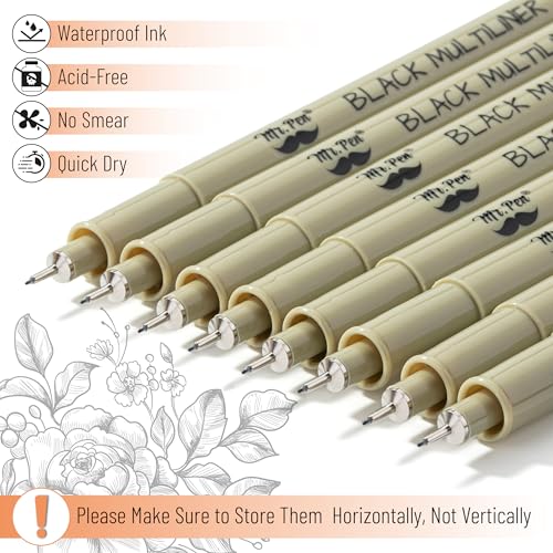 Mr. Pen- 0.2mm Micro Fine Point Pens, 8 Pack, Black Ink, Waterproof | Acid-Free, No-Smear Quick-Dry Fineliner Pens for Drawing, Sketching, Bible Journaling, Outlines & Everyday Writing - color: Black, size: 0.2mm, 8 Pack