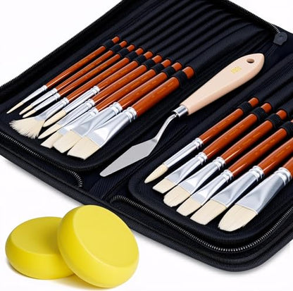 DUGATO Paint Brush Set 15 pc with Pop-Up Case, Palette Knife & Sponges | Short Handle Hog Bristle Brushes for Oil, Acrylic, Gouache, Watercolor, Model & Craft, Includes Mixing Knife & Sponge - color: White Hog Hair - 15pcs