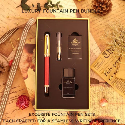 DUNBONG Luxury Fountain Pen, Aureate Gold Powder Finish, Gold Plating and Red Lacquer, Intricate Engraved Pattern, Gilded Medium Nib, Refillable Ink Converter, Luxury hard Gift Box(lion)