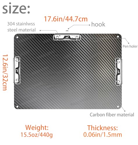 Ledge size A3 8K Super Hard&Portable Carbon Fiber Clipboard with Hook&Pen holder,Strong Low Profile Clip,Dry carbon clip board,Writing board (17.6*12.6*0.06inch+3*304 Stainless Steel Clips+2*Straps) - color: 304 Stainless Steel Clip, size: 17.6*12.6*0.06i