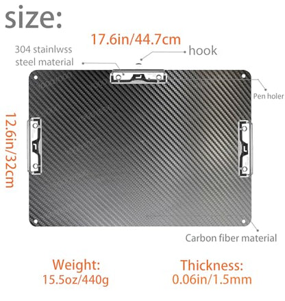 Ledge size A3 8K Super Hard&Portable Carbon Fiber Clipboard with Hook&Pen holder,Strong Low Profile Clip,Dry carbon clip board,Writing board (17.6*12.6*0.06inch+3*304 Stainless Steel Clips+2*Straps) - color: 304 Stainless Steel Clip, size: 17.6*12.6*0.06i