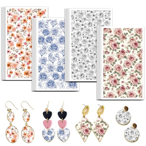 OLYCRAFT 24Pcs Line Rose Clay Transfer Paper 4 Styles Transfer Paper for Polymer Pink Rose Polymer Clay Transfer Sheets Blue Floral Small Transfer Paper for Clay Earrings Jewelry Making - style: Line Rose