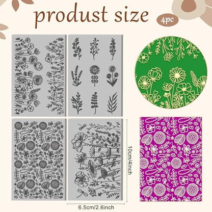 4 Sheets Flowers Pattern Clay Texture Mat Branches Polymer Clay Texture Sheets DIY Tools for Pottery Earring Jewelry Making Stamp Engraving Machines, 3.9x2.6inch - style: Flowers