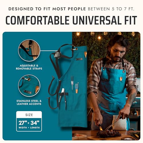 Asaya Chef and BBQ Apron with Bottle Opener and Hand Towel - 10oz Cotton Canvas, Stainless Steel Hardware - Cross Back Straps - color: Blue-green