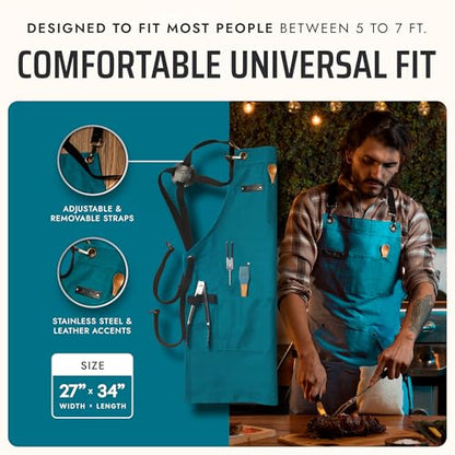 Asaya Chef and BBQ Apron with Bottle Opener and Hand Towel - 10oz Cotton Canvas, Stainless Steel Hardware - Cross Back Straps - color: Blue-green