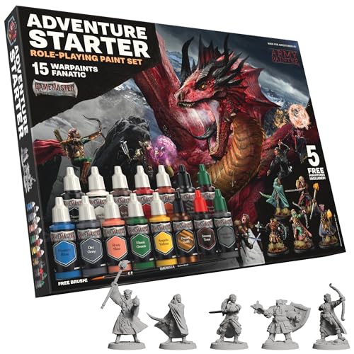 The Army Painter, GameMaster: Adventure Starter Role-playing Paint Set, 15 x 18ml Warpaints Fanatic Acrylic paints, incl. a Brush-On Primer, 5 FREE Miniatures & 1 Brush - For Warhammer & Dnd - color: Adventure Starter Paint Set