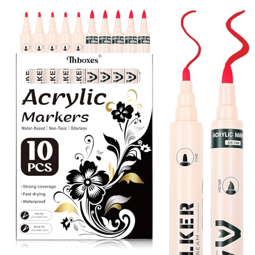Thboxes 10 Pack Red Paint Markers, Dual-Tip Acrylic Paint Pen Fine Tip and Brush Tip Markers for Fabric Wood Metal Rock Glass Plastic Canvas School Supplies Art Supplies - color: Red