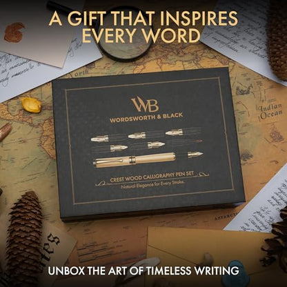 Wordsworth & Black Calligraphy Pen Gift Set, Includes Ink Bottle, 6 Cartridges, Refill Converter, 6 Replacement Nibs, Luxury Bamboo, Journaling, Smooth Writing Pens [Maple Wood] - color: Maple Wood