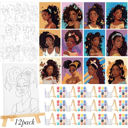 Zhanmai 72 Pcs 12 Sets Sip and Paint Kit Pre Drawn Canvas for Painting 8" x 10" Paint Party Canvas Painting Pre Printed Canvases for Party DIY Virtual Adult's Date Night(Charming Women) - style: :Charming Lady