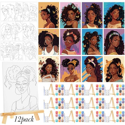 Zhanmai 72 Pcs 12 Sets Sip and Paint Kit Pre Drawn Canvas for Painting 8" x 10" Paint Party Canvas Painting Pre Printed Canvases for Party DIY Virtual Adult's Date Night(Charming Women) - style: :Charming Lady