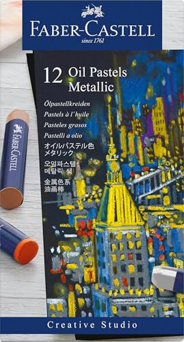 Faber-Castell Creative Studio Oil Pastels, Multicoloured, Cardboard Box Of 12 Metallic, For Art, Craft, Drawing, Sketching, Home, School, University, Colouring