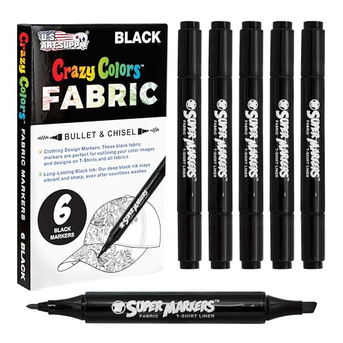 U.S. Art Supply Super Markers Black Dual Tip Fabric Markers Permanent for Clothes - Set of 6 Fabric Pens with Permanent Ink, Double-Ended with Chisel Point and Fine Point Tips - style: 6-Marker Black Set