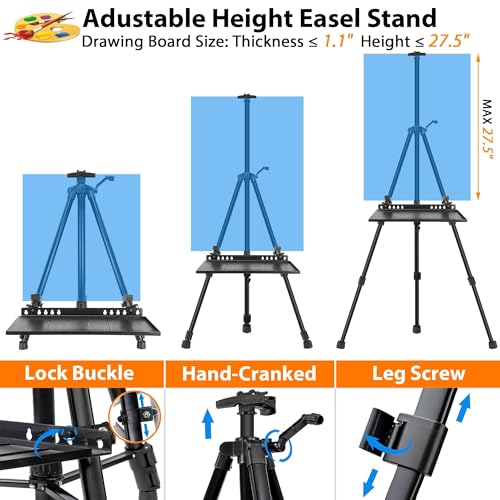 Easel Stand for Painting Artist Easel Stand Adjustable Height 20" to 61" Metal Tripod Art Easels Stand for Painting Canvases Tabletop Floor Art Easel Stand with Tray, Bag, Folding Keg, Black