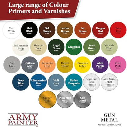 The Army Painter Colour Primer Gun Metal, 400 mL Acrylic Spray Primer, Spray Paint Basecoat for Miniature Priming, Tabletop Roleplaying, Boardgames, and Wargames Miniature Modelling - color: Gun Metal