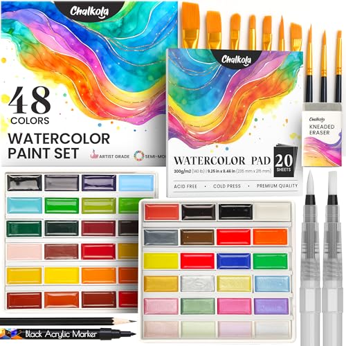 Chalkola Professional Watercolor Paint Set - 48 Semi Moist Water Colors Paint Adult Set, XL Pans | With Painting Brushes, Water Color Pad & Art Supplies | Suitable for Adults, Kids, Beginner & Artists - style: Watercolor Pans