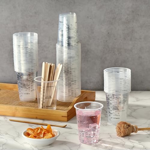 80pcs Paint Mixing Cups, DV 8oz Graduated Clear Plastic Measuring Cups with 80pcs Wooden Stirring Sticks for Mixing Paint, Pigments, Epoxy Resins, Resins