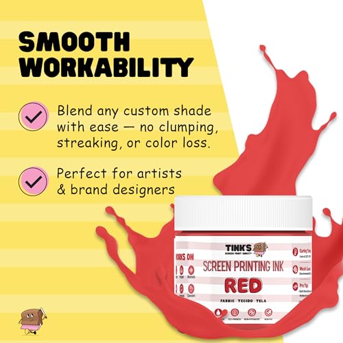 Tinks® Screen Printing Ink - Red 8oz. Water-Based Fabric Ink - Screen Printing, Stenciling, Tote Bags & Fabric Stamping - Non-Toxic, No Harsh Fumes, Soap & Water Cleanup - Made in California - color: Red
