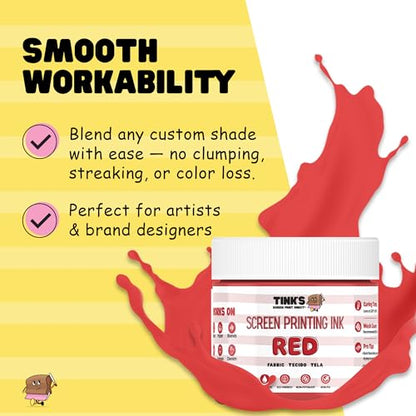 Tinks® Screen Printing Ink - Red 8oz. Water-Based Fabric Ink - Screen Printing, Stenciling, Tote Bags & Fabric Stamping - Non-Toxic, No Harsh Fumes, Soap & Water Cleanup - Made in California - color: Red