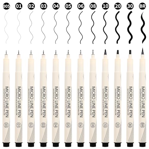 Black Micro Pens Set - 12 Sizes (0.23mm to 5mm), Waterproof Archival Ink, Fine Point Pens for Artists, Illustrators, Sketching, Anime, Manga & Technical Drawing - color: Black-12 Sizes