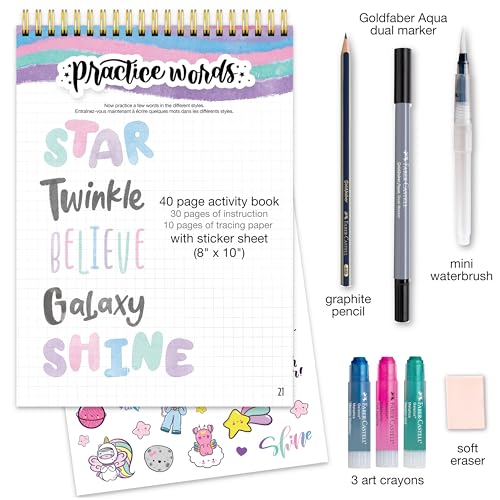 Faber-Castell Learn Galaxy Lettering: 40+ Page Calligraphy Practice Book with Art Crayons, Water Brush & More, Screen-Free Art Gift for Kids, Tweens & Beginners (Ages 8+)