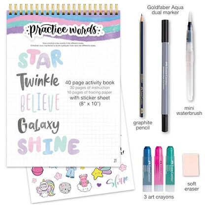 Faber-Castell Learn Galaxy Lettering: 40+ Page Calligraphy Practice Book with Art Crayons, Water Brush & More, Screen-Free Art Gift for Kids, Tweens & Beginners (Ages 8+)