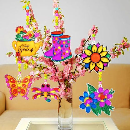 Ayhuhra 30 Sets Spring Flower Suncatcher Craft Kit Butterfly Sun Catcher DIY Window Paint Art Suncatcher Kits for Spring Summer Easter Party Activities Art Project Party Favors - style: Flower