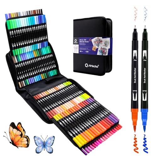Artecho 120 Colors Markers for Adult Coloring Books, Dual Tip Markers for School, Fine and Brush Tip for Adults Coloring Books, Calligraphy, Drawing, Sketching - style: 120 colors with bag