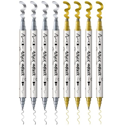 TRANSON 4 Silver and 4 Gold Paint Markers Bold and Fine Dual-tip Acrylic Paint Marker Set for Rock Painting Glass Canvas Wood Leather Ceramic Painting - style: Bold and Fine 4 Gold and 4 Silver