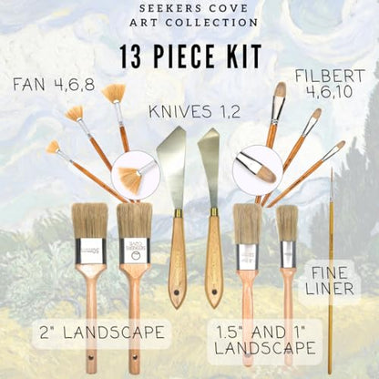 Seekers Cove Pro Landscape Brush Set - 13 Piece Artist Paintbrush Kit - Oil and Acrylic Brushes and Tools - 2, 1.5, 1 Inch, Pallet Knives, Fan, Filbert, Fineliner Set