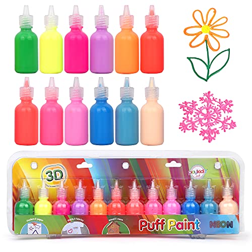 Puff Paint, 12 Pack 3-D Fabric Paint, Neon Colors, Permanent Non-toxic Paint Set for Kids, Ages 3+ - size: 12 Count (Pack of 1)