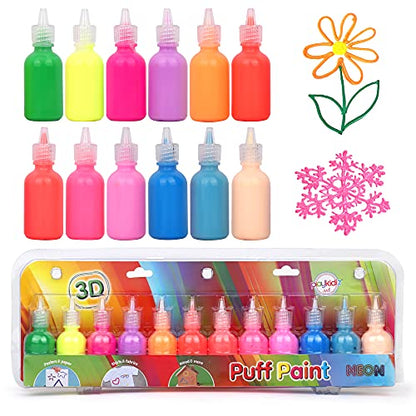 Puff Paint, 12 Pack 3-D Fabric Paint, Neon Colors, Permanent Non-toxic Paint Set for Kids, Ages 3+ - size: 12 Count (Pack of 1)
