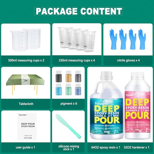 Teexpert Deep Pour Epoxy Resin Kit: 96OZ Epoxy Resin for 2-4" Pour Depths, Crystal Clear & High Gloss, Bubble-Free Casting Resin for Flower Preservation, River Tables and Mold Crafts - 2:1 Mix Ratio - size: 96OZ