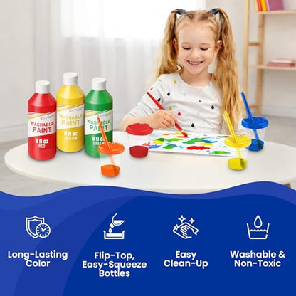EXTRIC Washable Paint for Kids 6 PK x 8oz Bottles, Paint Cups & Brushes
