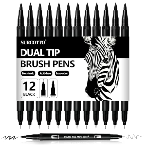Surcotto Black Markers for Drawing,12 Pack Drawing Pens, Brush Pens with Felt Tips for Artists, Dual Tip Brush Fineliners Pens, Calligraphy Pens, for Art Drawing Sketching Journaling, Black