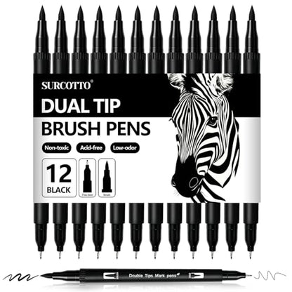 Surcotto Black Markers for Drawing,12 Pack Drawing Pens, Brush Pens with Felt Tips for Artists, Dual Tip Brush Fineliners Pens, Calligraphy Pens, for Art Drawing Sketching Journaling, Black