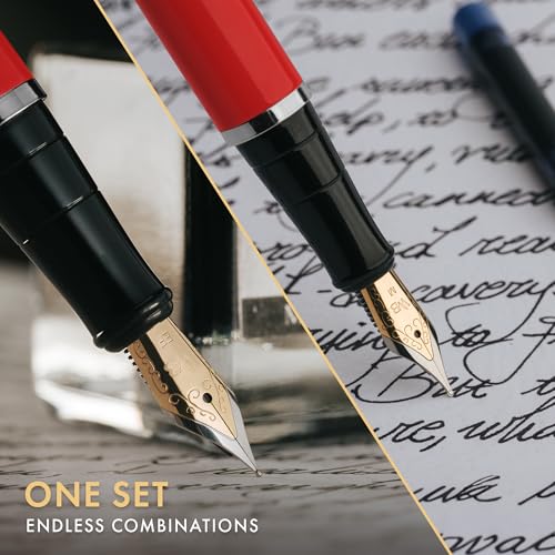 Wordsworth & Black Fountain Pen Set,18K Gilded Medium and Extra Fine Nib,25ML Black Ink Bottle,6 Ink Cartridges,Refill Converter, Gift Box, Smooth Writing Pens [Red Chrome],Gift Set for Men and Women - color: Red Chrome