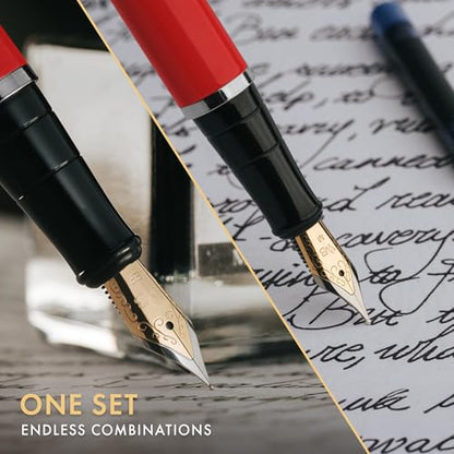 Wordsworth & Black Fountain Pen Set,18K Gilded Medium and Extra Fine Nib,25ML Black Ink Bottle,6 Ink Cartridges,Refill Converter, Gift Box, Smooth Writing Pens [Red Chrome],Gift Set for Men and Women - color: Red Chrome
