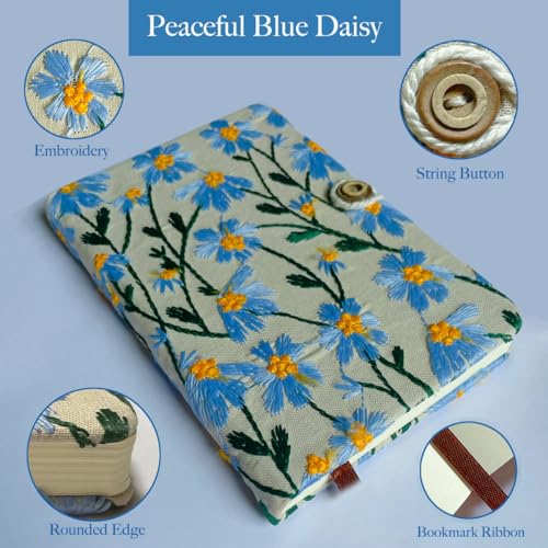 A5 Sketchbook, Flower Notebook, Embroidered Journal, Daisy Gifts for Women, 8"x6" Notebook, Hardcover, Lay Flat, Personalized Notebook, Unlined Notebook, Plain Journal, Blue Daisy - color: A5-Button-Blue, style: Plain