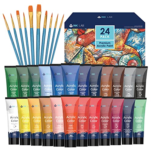 Acrylic Paint Set 24 Colors Craft Paints in Tubes with 10 Art Brushes Rich Pigment for Artists Beginners Painting on Canvas Wood Fabric Crafts, 36ml/Tube - size: 0.05 Fl Oz (Pack of 24)