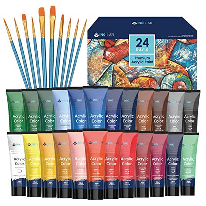 Acrylic Paint Set 24 Colors Craft Paints in Tubes with 10 Art Brushes Rich Pigment for Artists Beginners Painting on Canvas Wood Fabric Crafts, 36ml/Tube - size: 0.05 Fl Oz (Pack of 24)