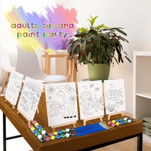 48PCS 12 Sets Printed Canvas Paint Art 12 Pcs Wooden Easel Set Paint Pots and Brushes and 12 Pre Drawn Canvas Panel 12 Pcs Mini Apron and Tote Bag for Kids(Animal) - style: Animal