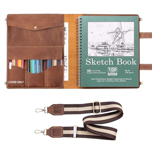 Robrasim Handmade Leather Sketchbook Cover, Artist Sketch Pad Holder for 11"X14" Sketchbook, Drawing Book and Pencil Case, Journal Notebook Portfolio with Shoulder Strap, Artist Gifts, Brown - color: Brown, size: 11" x 14"