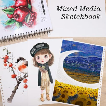 4 Pack Mixed Media Sketchbook, 9x12 inches Drawing Paper Sketch Book, 98lb/160gsm Heavyweight Spiral Bound Sketch Pads, Suitable for Wet and Dry Media, Drawing, Painting, Sketching(200 Sheets) - color: fruit, size: 9 x 12 inch (4 pack)