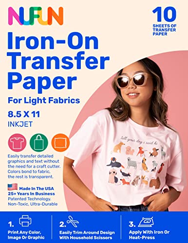 NuFun Activities Ink Jet Printable Iron-on Heat Transfer Paper for T Shirts, Light Fabrics, 10 Sheets 8.5 x 11 inch, Long Lasting, Durable, Professional Quality, Easy DIY, Non-Toxic, Made In the USA - size: 10 Sheets